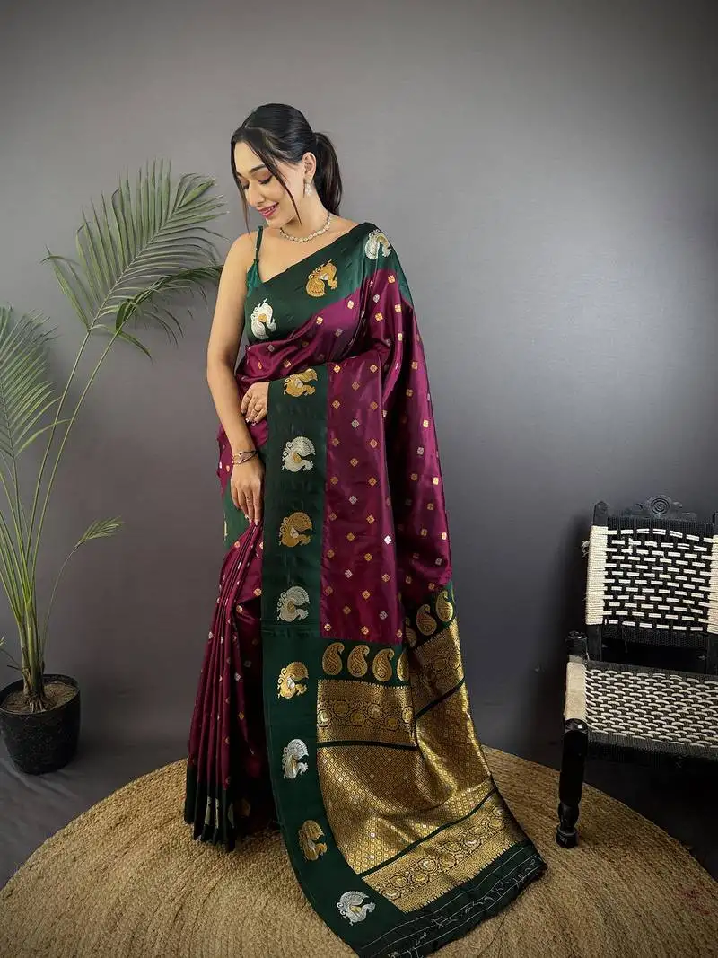 Maroon silk blend butti zari weaving contrast weaving border banarasi saree