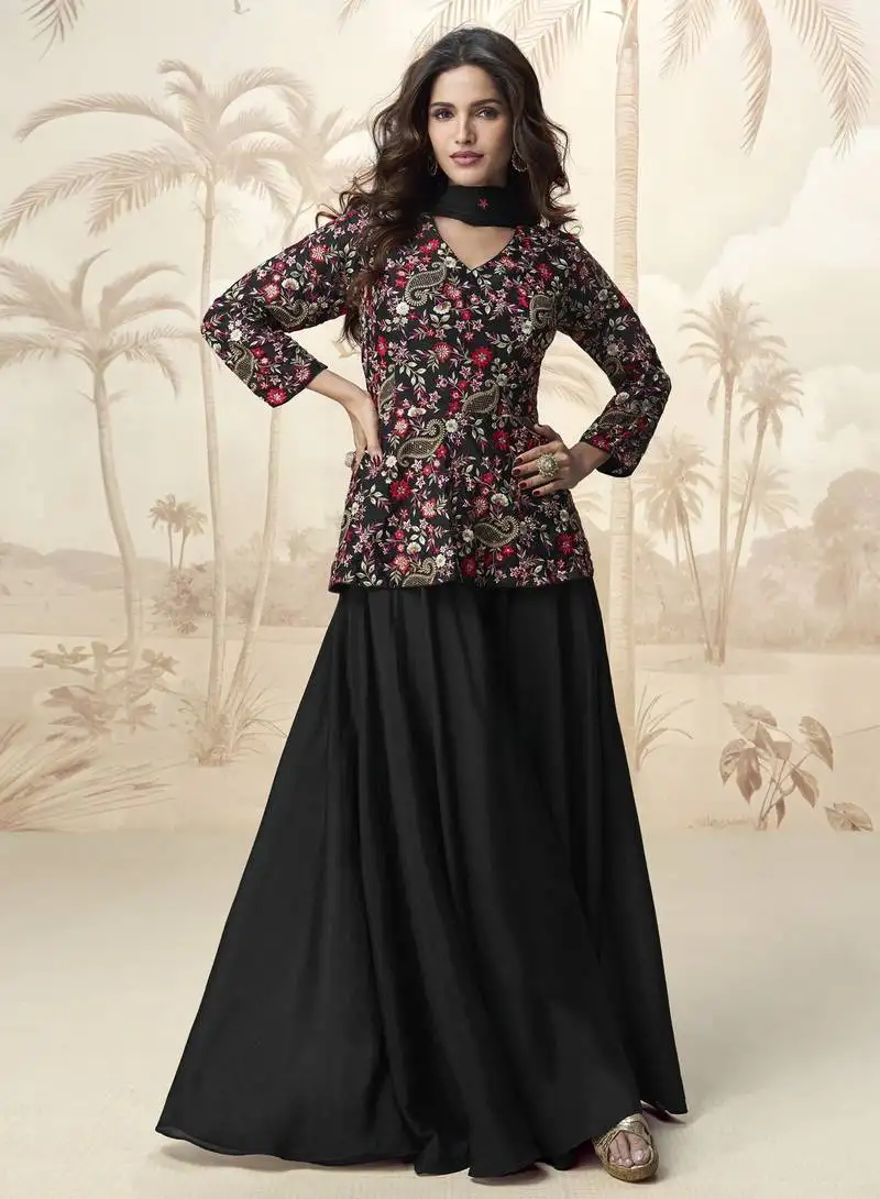 Black embroidered chinon palazzo salwar suit semi stitched