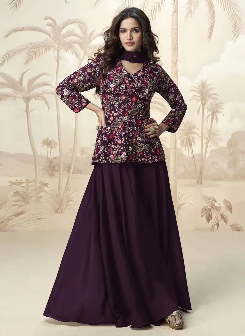 Purple embroidered chinon palazzo salwar suit semi stitched
