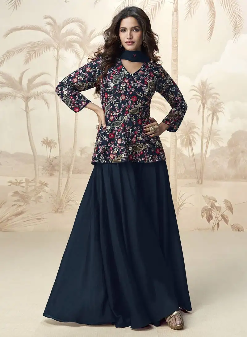 Blue embroidered chinon palazzo salwar suit semi stitched