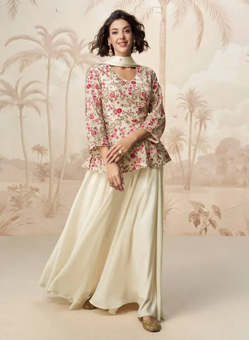 White embroidered chinon palazzo salwar suit semi stitched