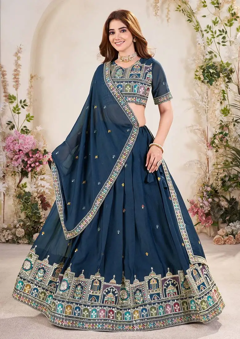 Teal blue sequins embroidered georgette lehenga dress