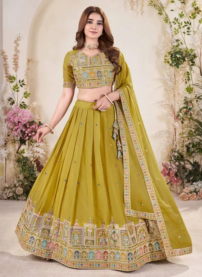 Mustard yellow sequins embroidered georgette lehenga dress