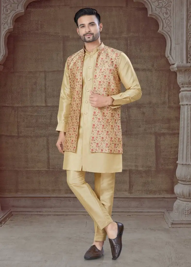 Light golden pure silk jacquard designer indo western for mens