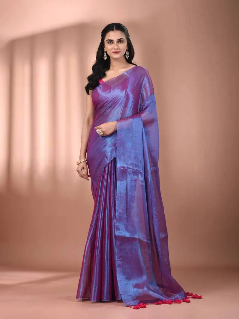Violet dual tone tissue soft saree with pompom
