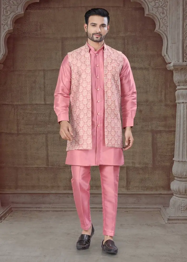 Pink pure silk jacquard designer indo western for mens