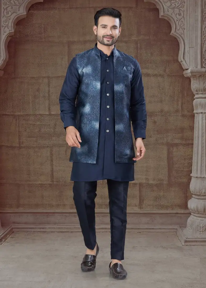 Navy blue pure silk jacquard designer indo western for mens