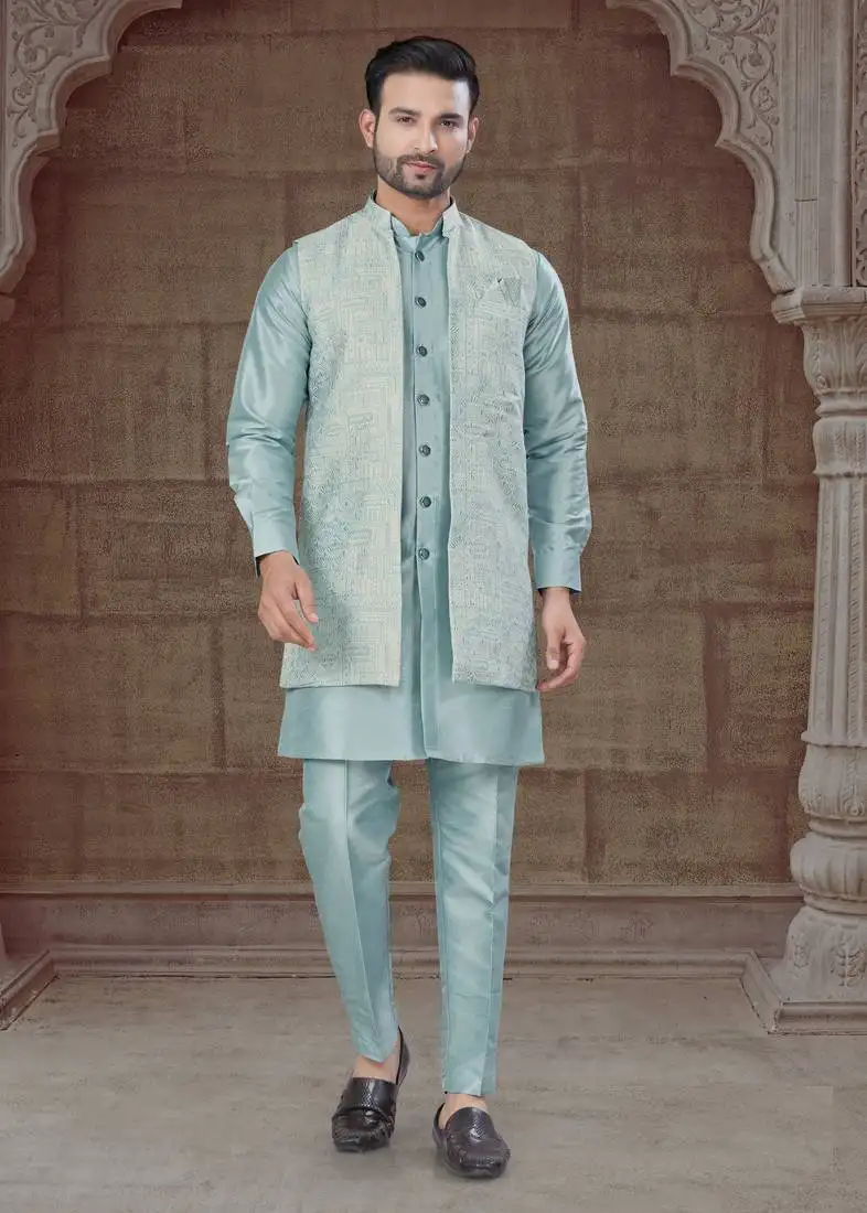 Sky blue pure silk jacquard designer indo western for mens