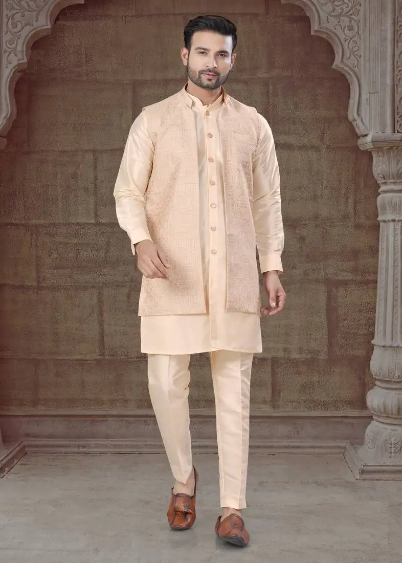 Cream pure silk jacquard designer indo western for mens