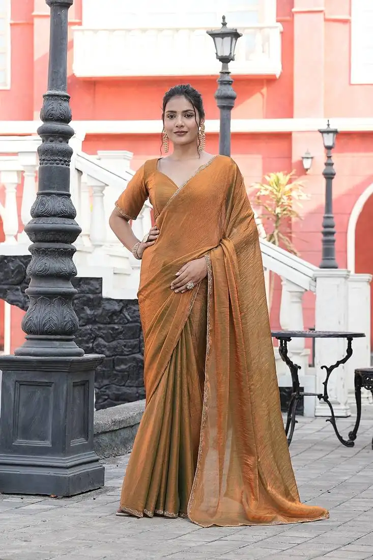 Silk blend gold beads and stone embellished border sarees