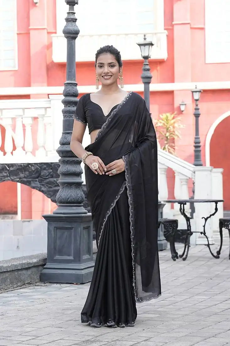 Silk blend black solid embellished stone work sarees