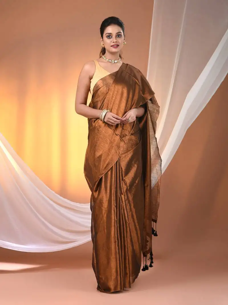 Copper tissue soft saree with pompom