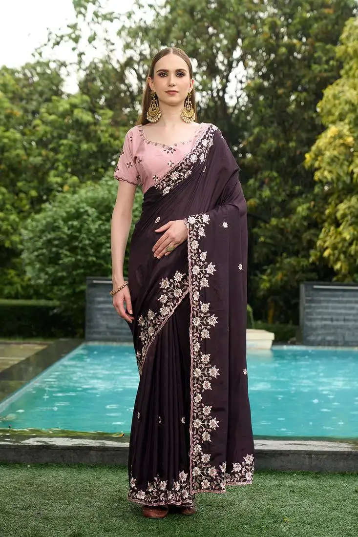 Silk blend wine floral embroidered cut work sarees
