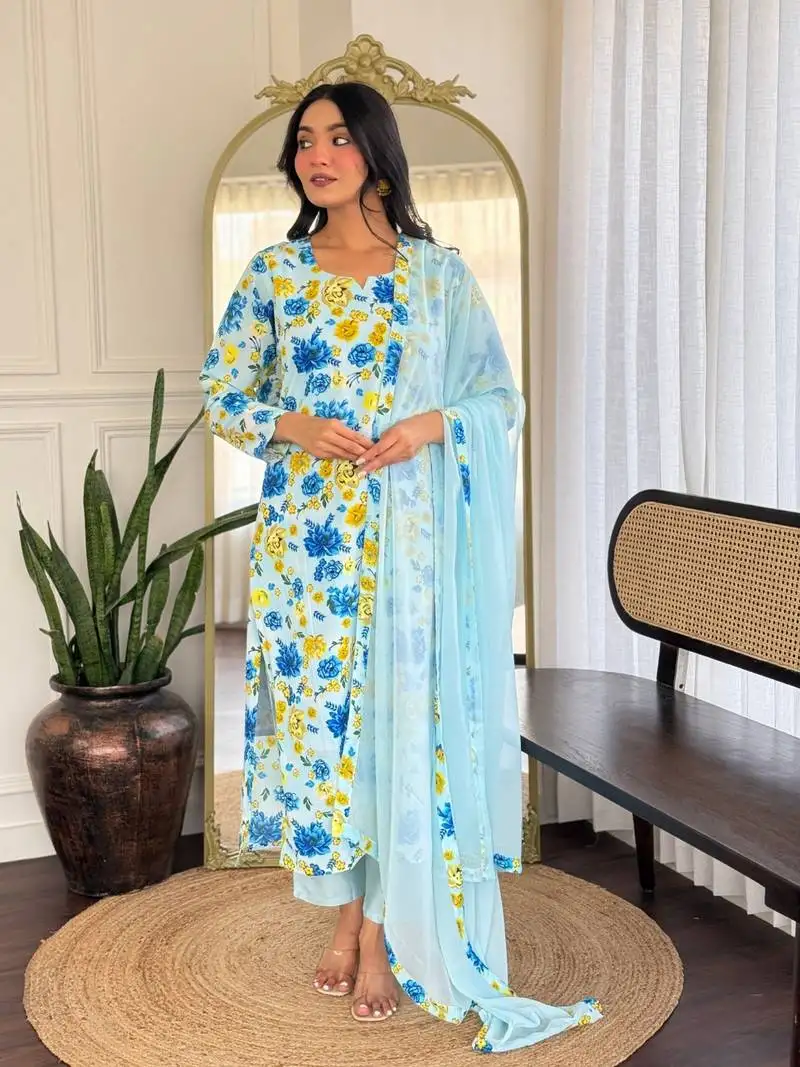 Sea green color georgette fabric designer printed smart readymade kurta set