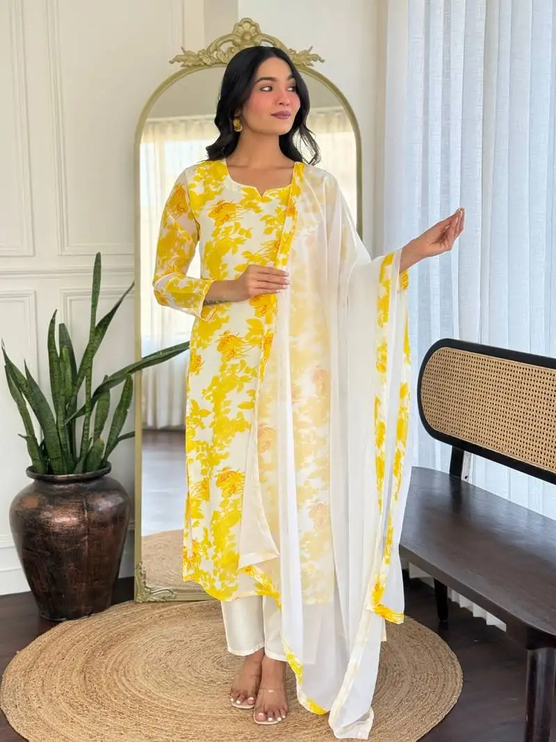 Yellow color georgette fabric designer printed smart readymade kurta set