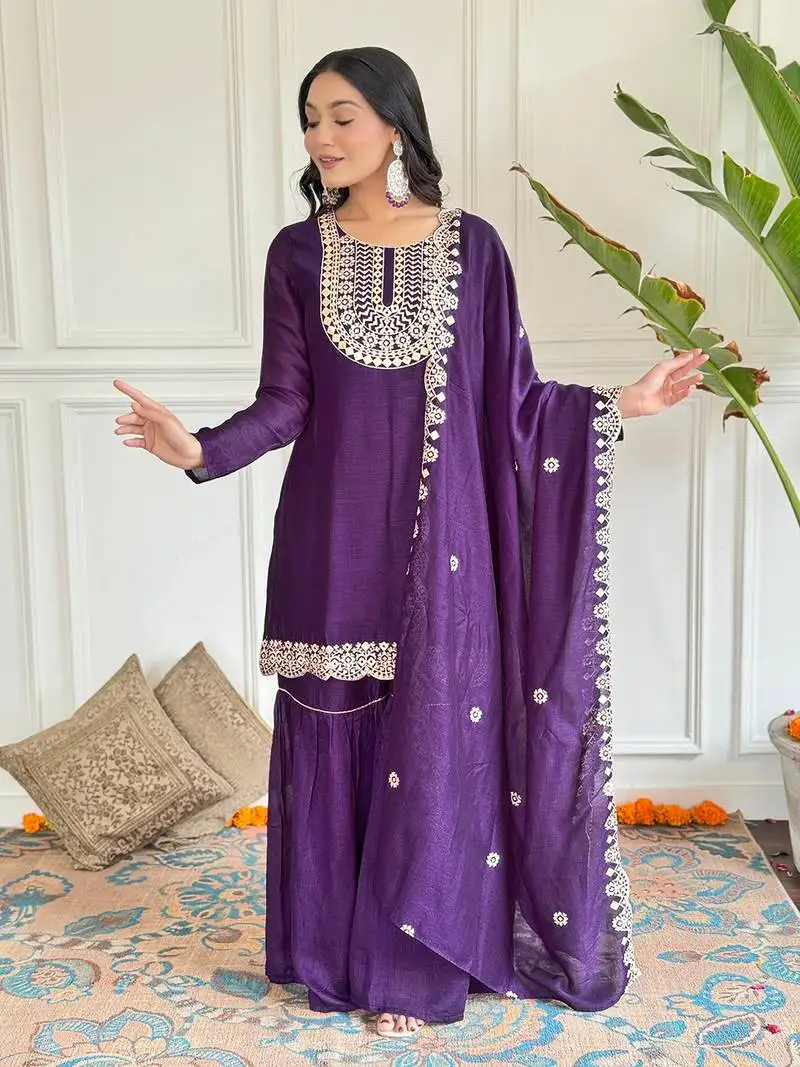 Wine color vichitra silk fabric embroidery work smart readymade kurta set