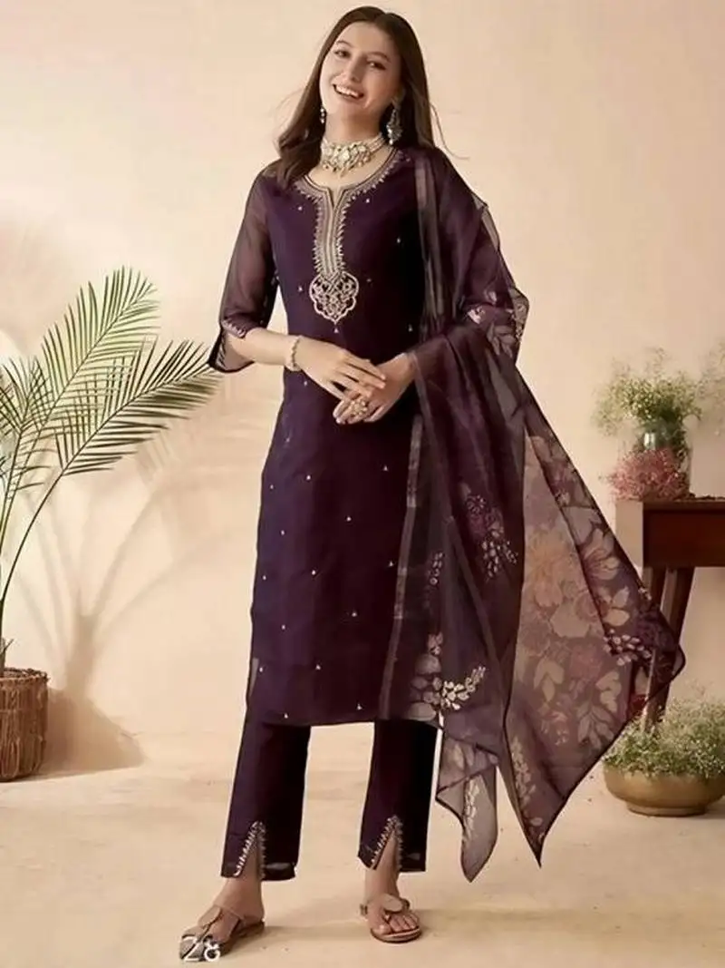 Wine color embroidery work with printed chanderi silk fabric stylish partywear readymade kurta set