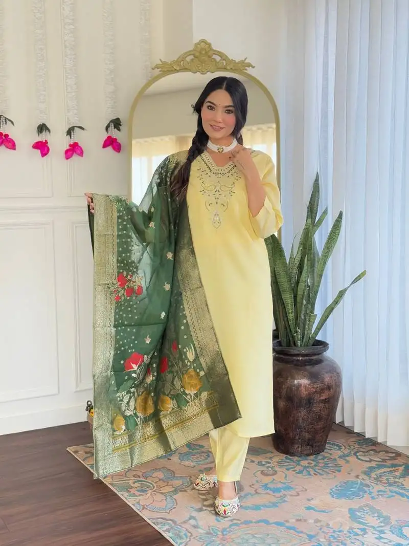 Yellow color embroidery work with printed chanderi viscose fabric stylish partywear readymade kurta set