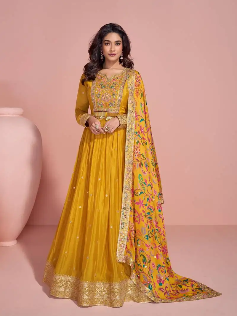 Yellow color designer embroidery work,printed chinon fabric heavy embroidered anarkali suit
