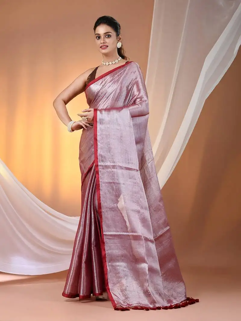 Red tissue soft saree with pompom