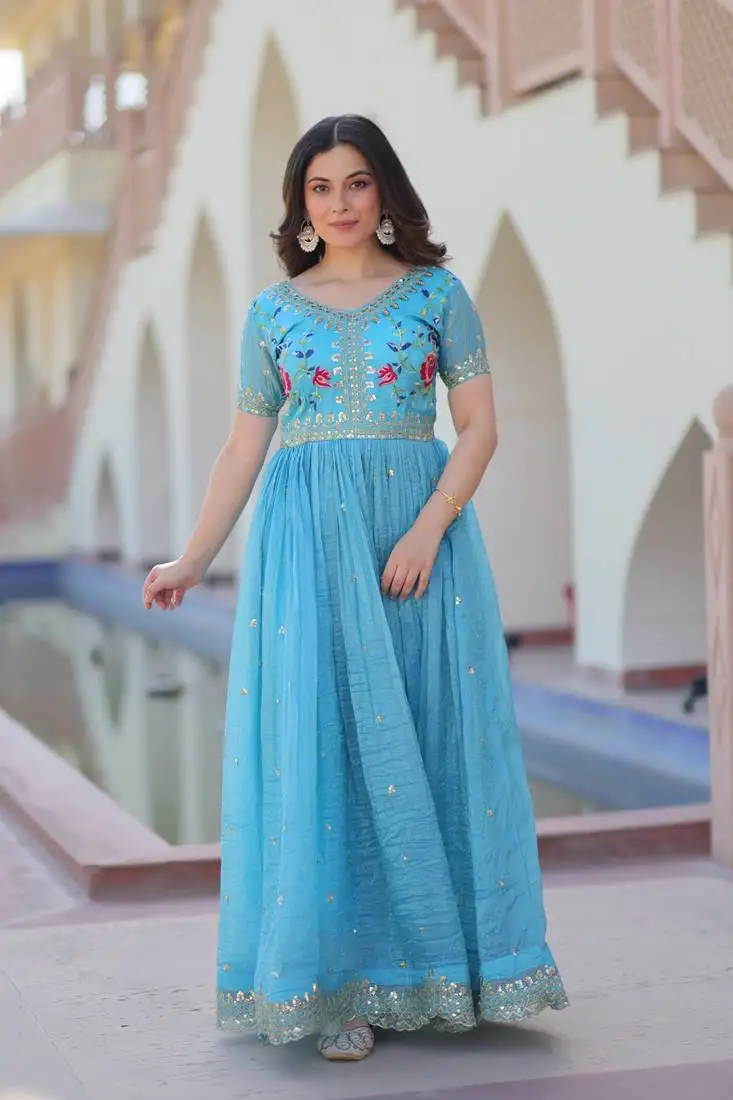 Sky blue color beautiful gold crush fabric bollywood style glamorous ceremonial gown