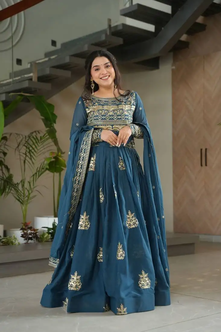 Blue color stylish chinon fabric beautiful embroidery work partywear gown with dupatta