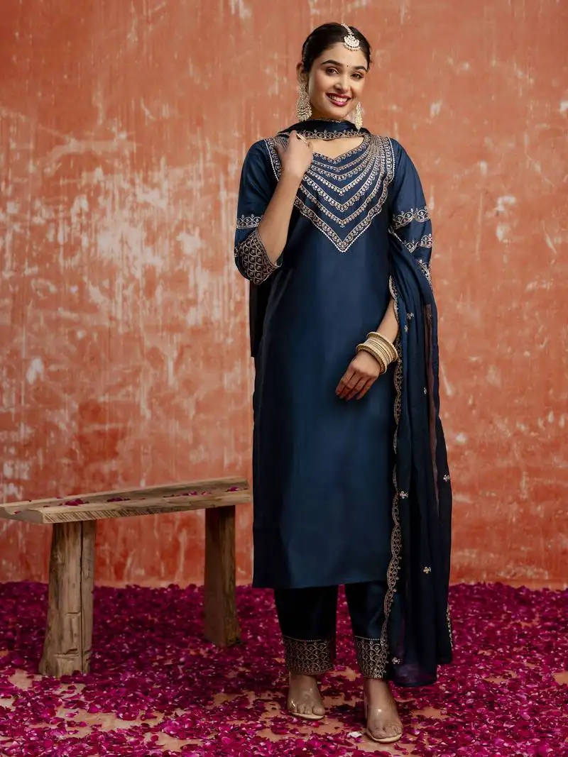 Teal blue color viscose rayon fabric readymade kurta set with designer embroidery work