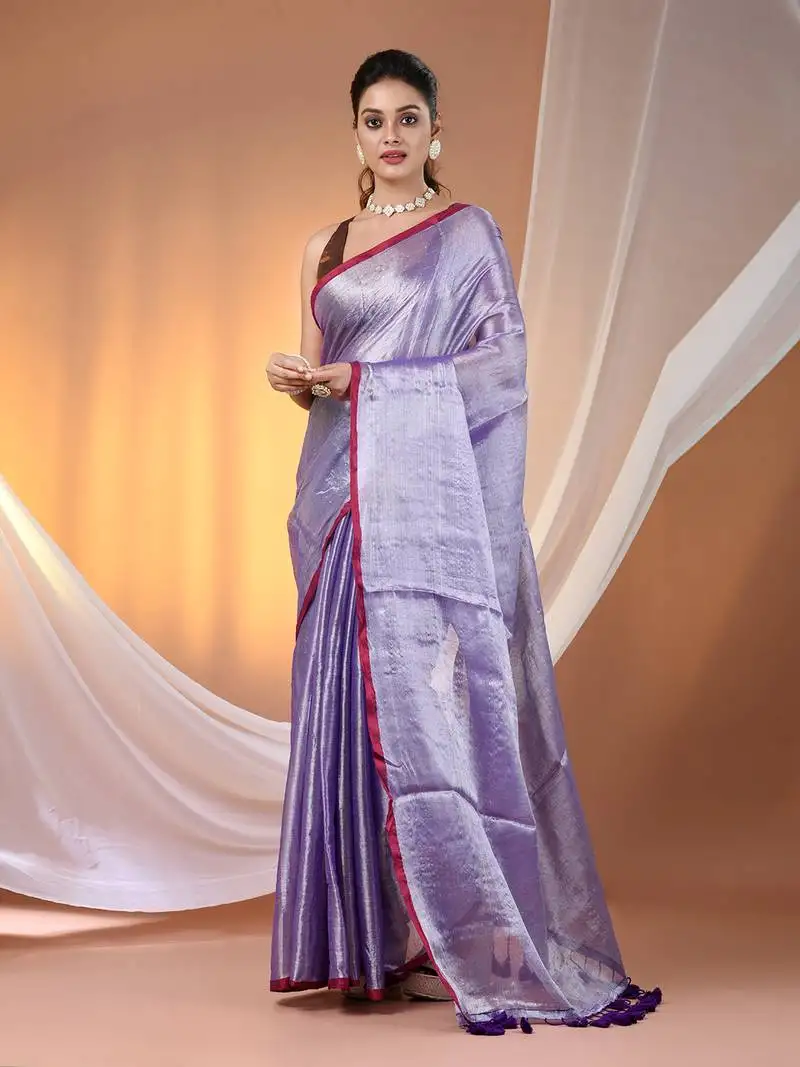 Violet tissue soft saree with pompom