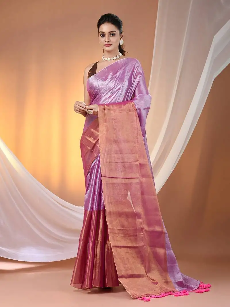 Pink tissue soft saree with pompom
