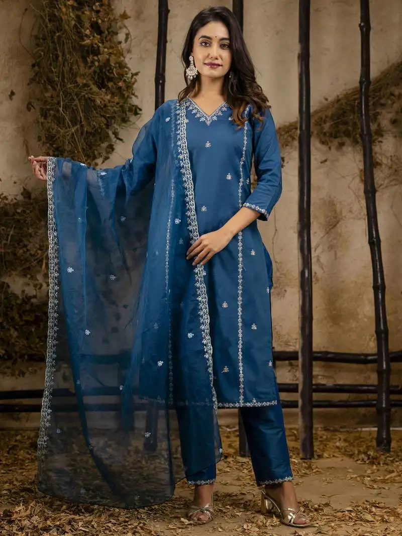 Teal color silk blend fabric designer embroidery work ceremonial readymade suit