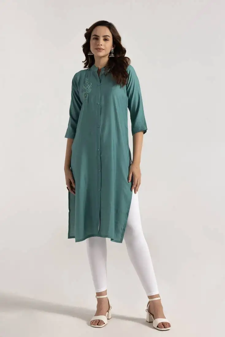 Green color rayon fabric designer embroidery work smart formal long kurti