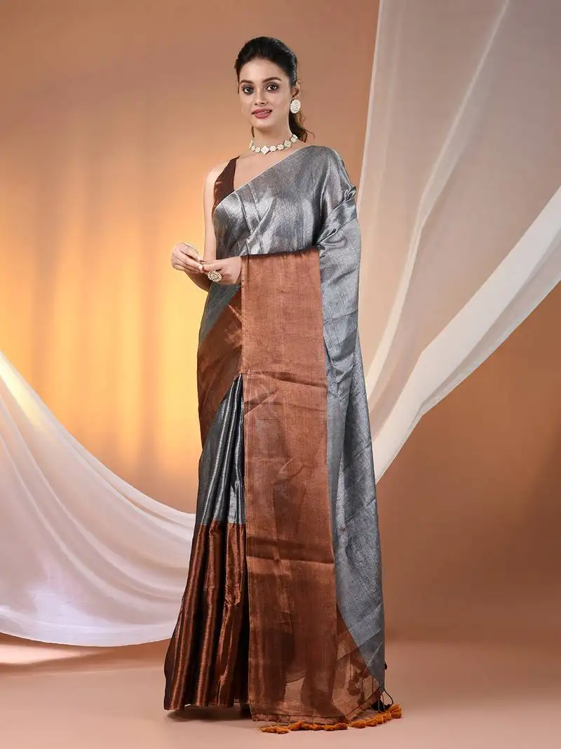 Grey and coppertissue soft saree with pompom