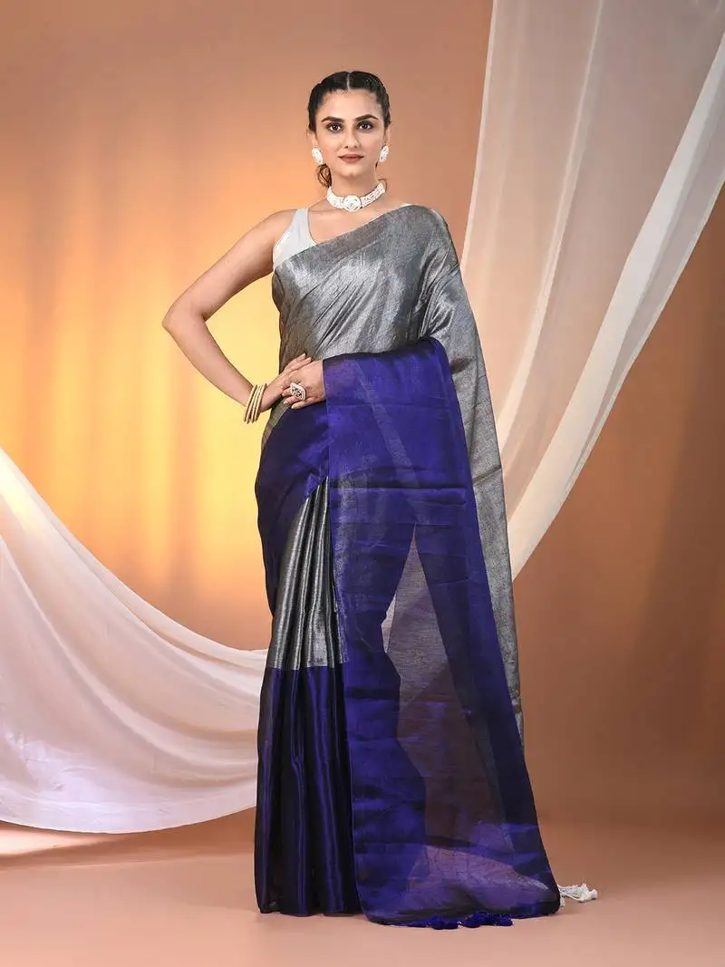 Grey and blue tissue soft saree with pompom
