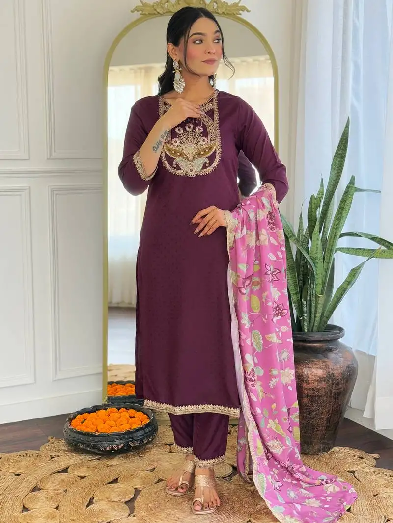 Wine color viscose rayon fabric embroidery work with printed girlie kurta set with dupatta