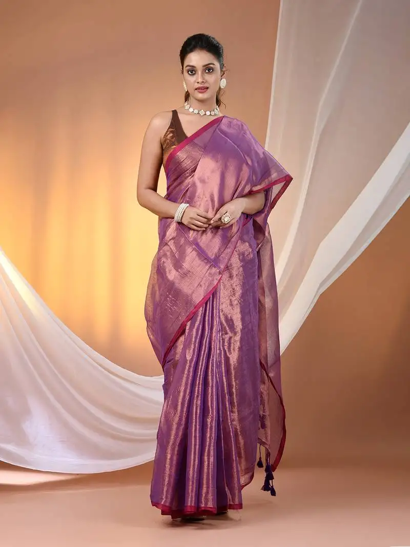 Purple tissue soft saree with pompom