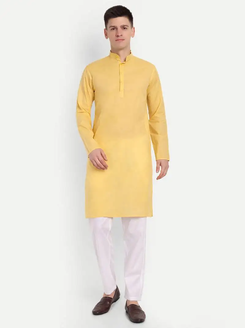 Yellow cotton printed full sleeve collar neck kameez kurta for men