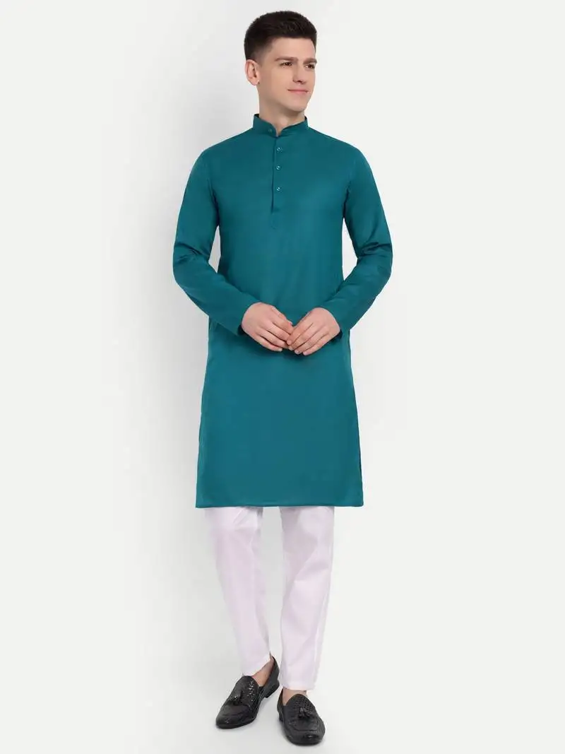 Dark blue cotton printed full sleeve collar neck kameez kurta for men