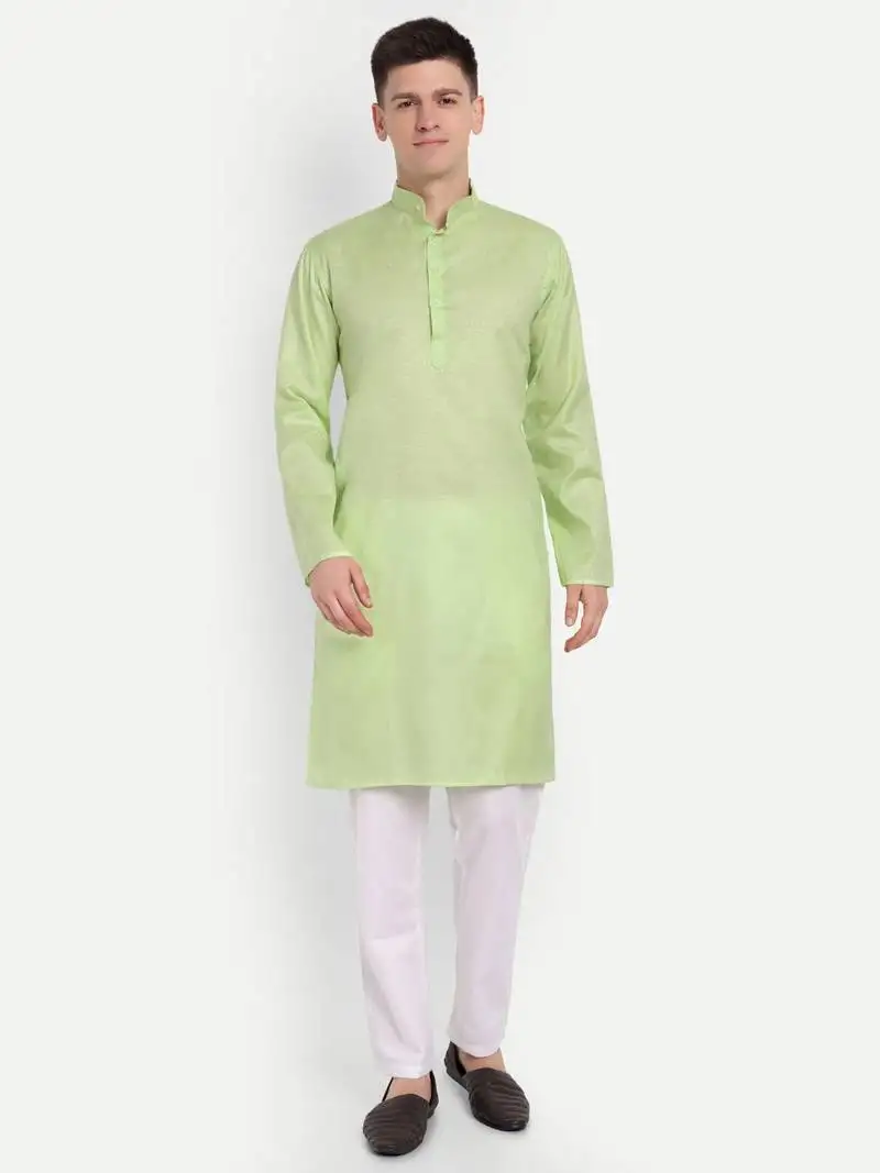 Green cotton printed full sleeve collar neck kameez kurta for men
