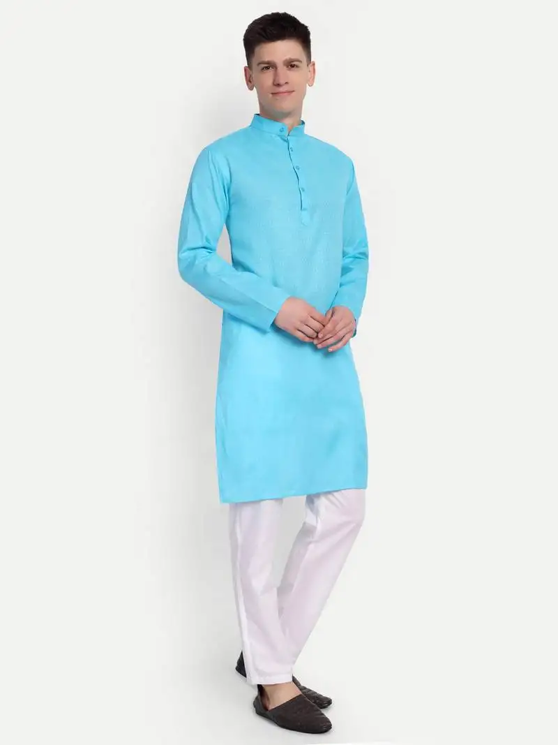 Sky blue cotton printed full sleeve collar neck kameez kurta for men