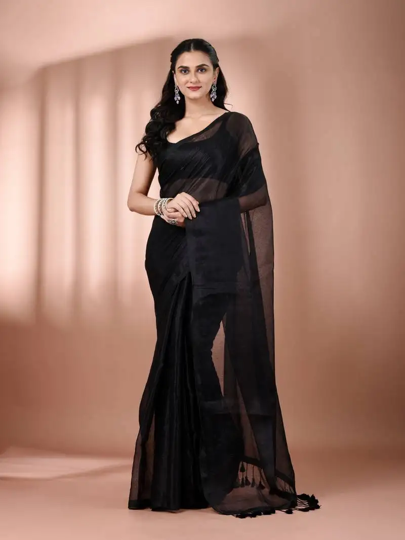 Black tissue soft saree with pompom