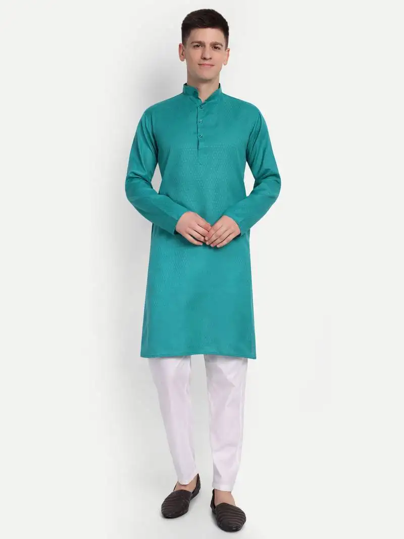 Sea blue cotton printed full sleeve collar neck kameez kurta for men