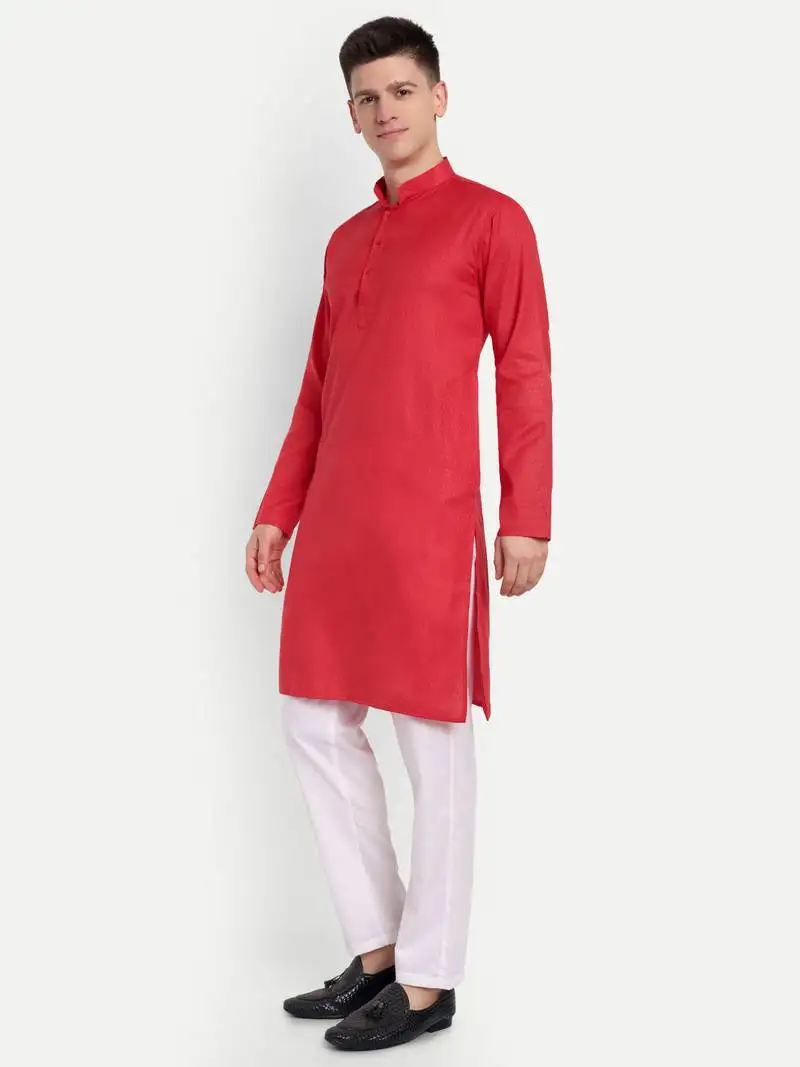 Red cotton printed full sleeve collar neck kameez kurta for men