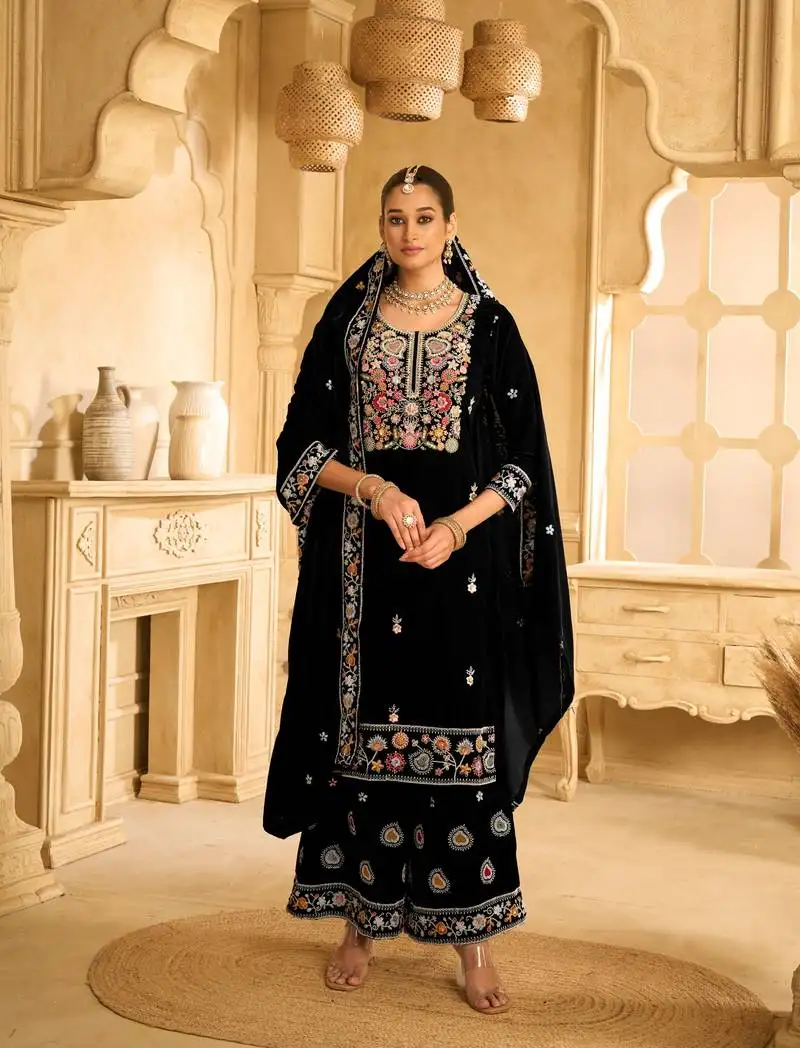 Black color velvet fabric designer embroidery work heavy ceremonial palazzo dress semi stitched