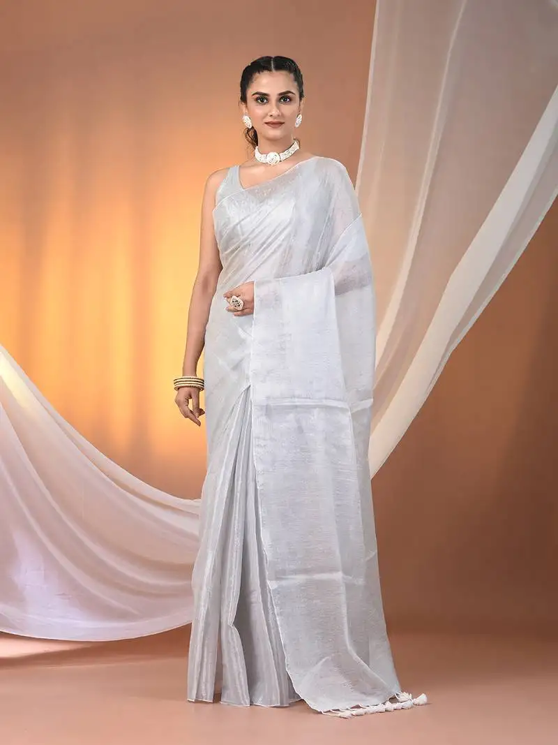 White tissue soft saree with pompom