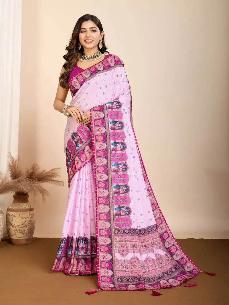 Pink digital prints cotton embellished saree with matching blouse