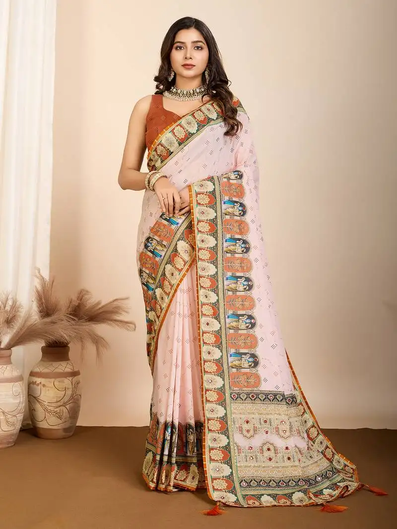 Peach digital print cotton embellished saree with matching blouse