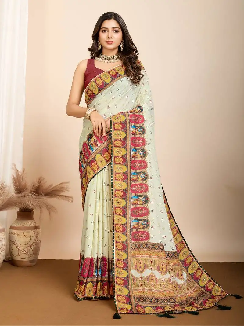 Pista digital prints cotton embellished saree with matching blouse