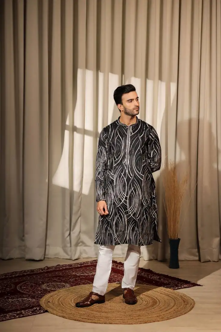 Black designer embroidery work viscose fabric stylish kurta pajama for mens