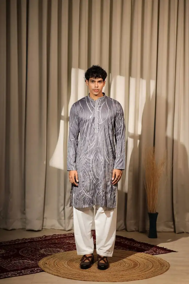 Bluish grey designer embroidery work viscose fabric stylish kurta pajama for mens