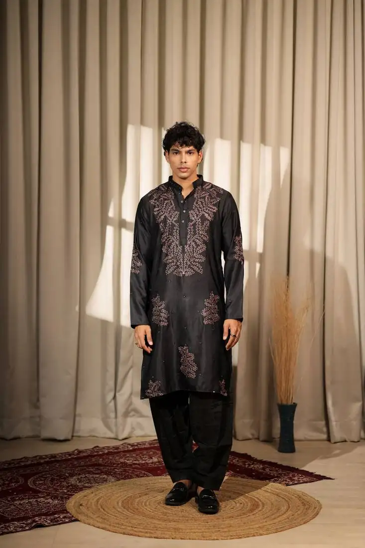 Black designer embroidery work greek satin fabric stylish kurta pajama for mens